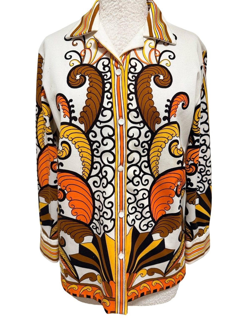 Vintage 60s 70s White bold plume print Button-Front Jacket - Orange & Brown XL